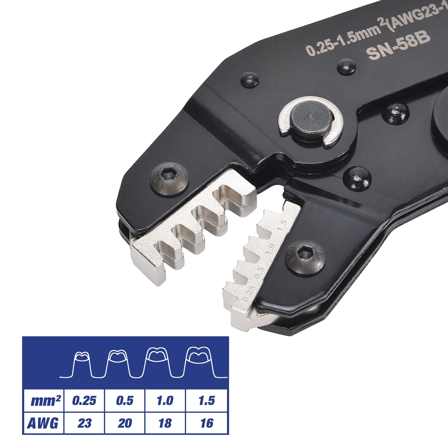 Herramienta de prensado de barril abierto no aislado SN-58B 23-16 AWG /0,25-1,5 mm2, terminales Dupont Molex JST TE y pines EPC PCIE SATA
