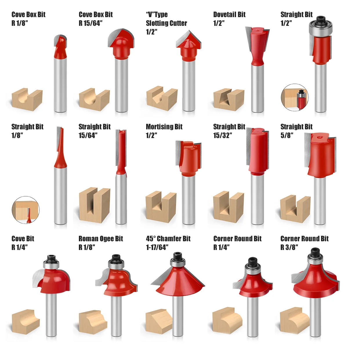 15 pcs Milling Cutter Kits for Wood Router Woodworking Electric Trimmer Wood Milling Engraving Slotting Trimming Machine