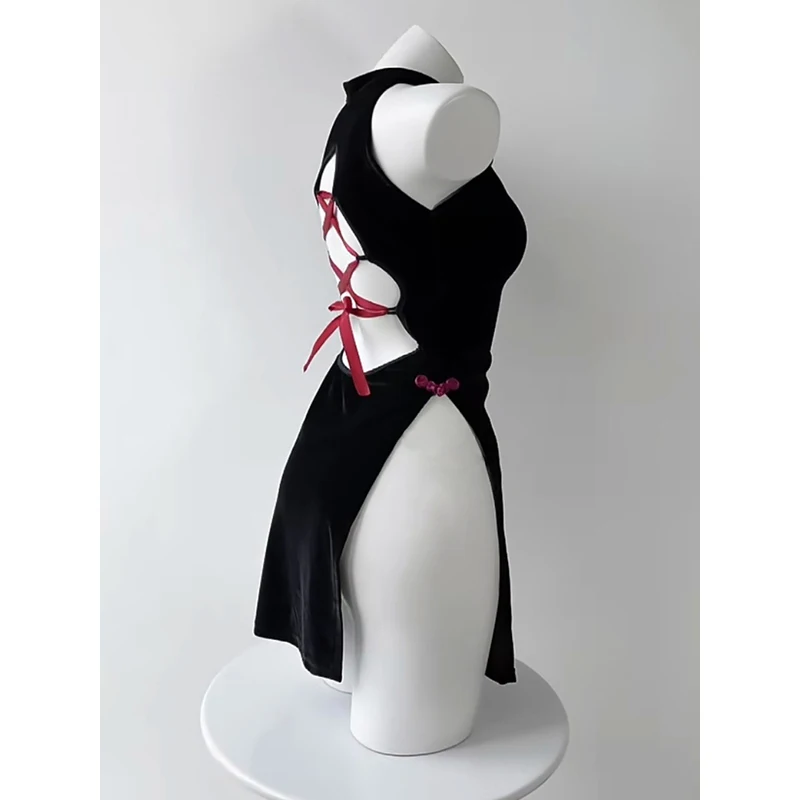 Fsia Sexy de Líder de Gogo para o Ano Novo, Traje de Performance DS, Robe Vintage em Vermelho e Preto com Laço, Fsia ...