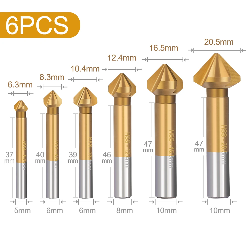 XCAN 6 Chiếc 90 Độ 3 Sáo Chamfer Mũi Khoan HSS Chamfering Cấp Cối Xay Charmfer Cắt Mũi Khoan Mũi