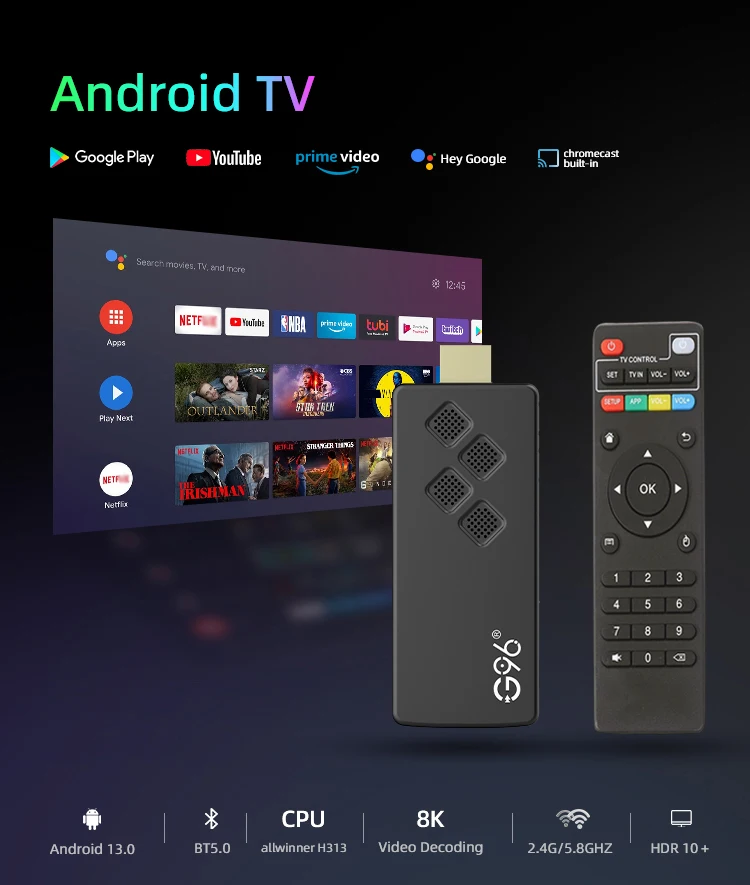 G96 ad alte prestazioni android 13.0 8k ATV H313 2GB RAM 8GB ROM Q2 smart TV Stick telecomando a infrarossi tv stick Dual Wifi