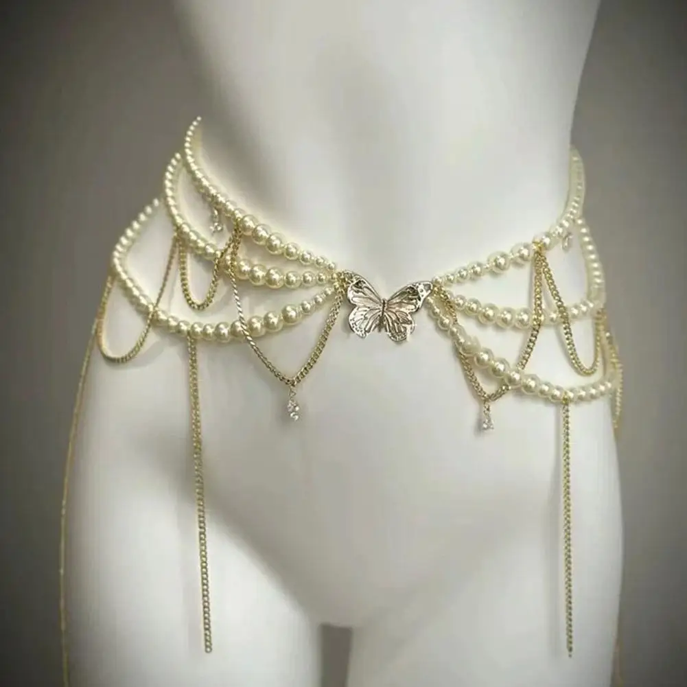 Cinturón de cadena de cintura con perlas multicapa Retro Y2K para mujer, accesorios de joyería para el cuerpo con estilo para fiesta y ropa informal