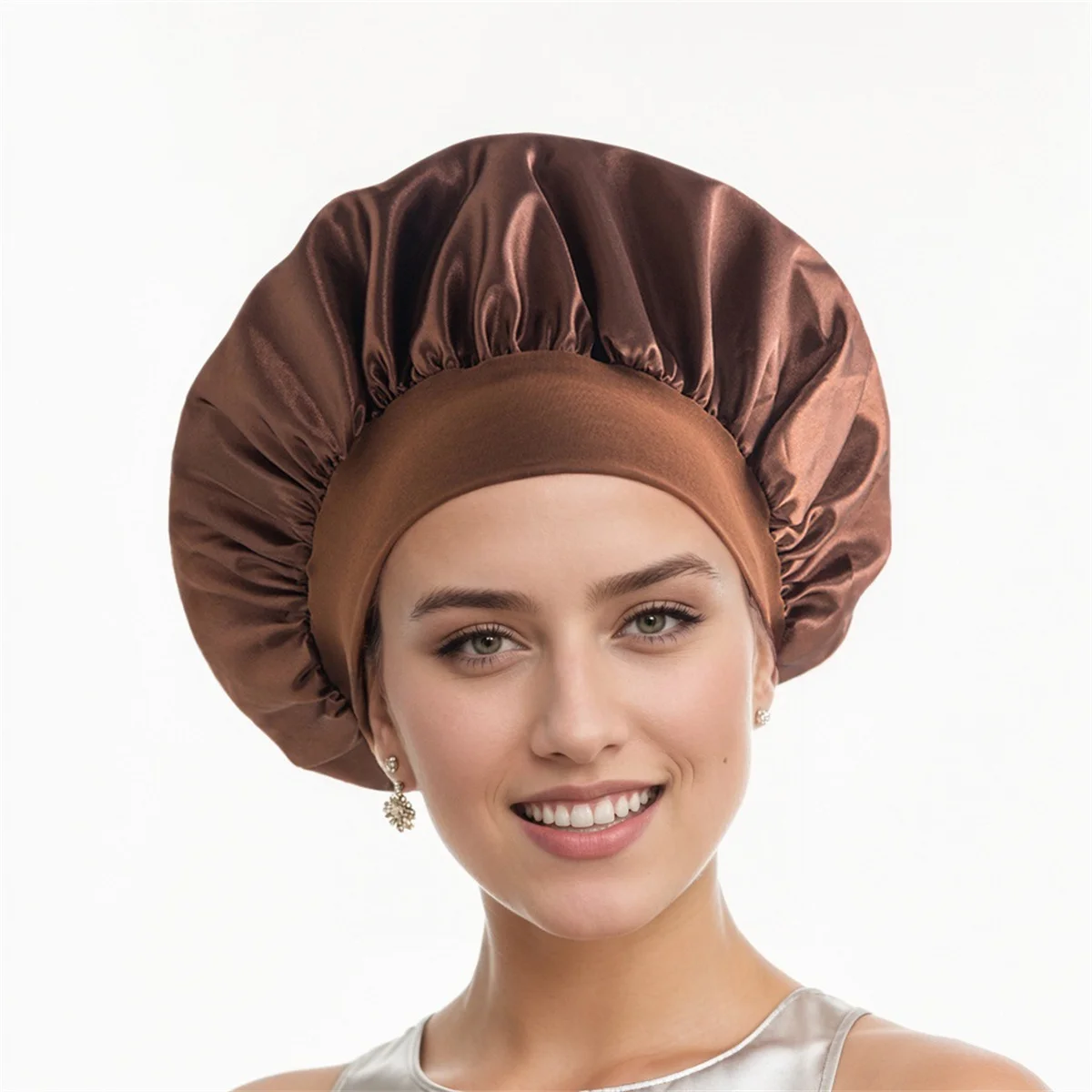 Cappello per capelli asciutti da donna con fascia alta elastica a tesa larga, cappello per la cura dei capelli di bellezza, berretto da notte in raso