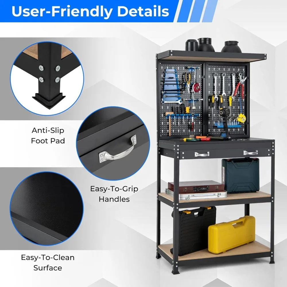 Workbench with Pegboard, Multi-Use Workbench with 4 Shelves, Topping Space,2 Drawer, Robust Metal Frame, Workbenches