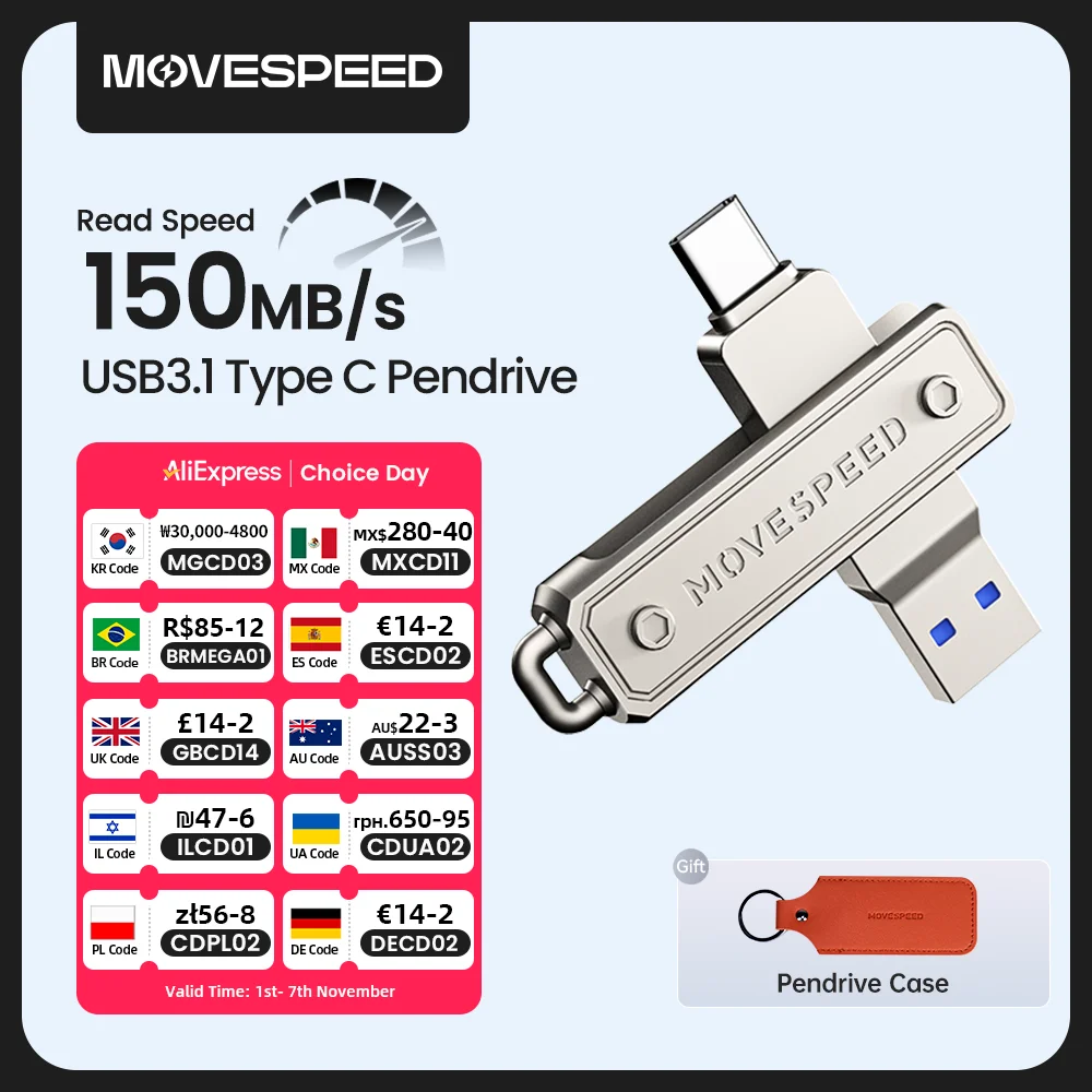 Флэш-накопитель MOVESPEED 150 МБ/ USB Type C, 64 ГБ, 128 ГБ, 256 ГБ, 512 ГБ, OTG USB 3,1 для Macbook, iPhone 15/16, ноутбуков, ПК