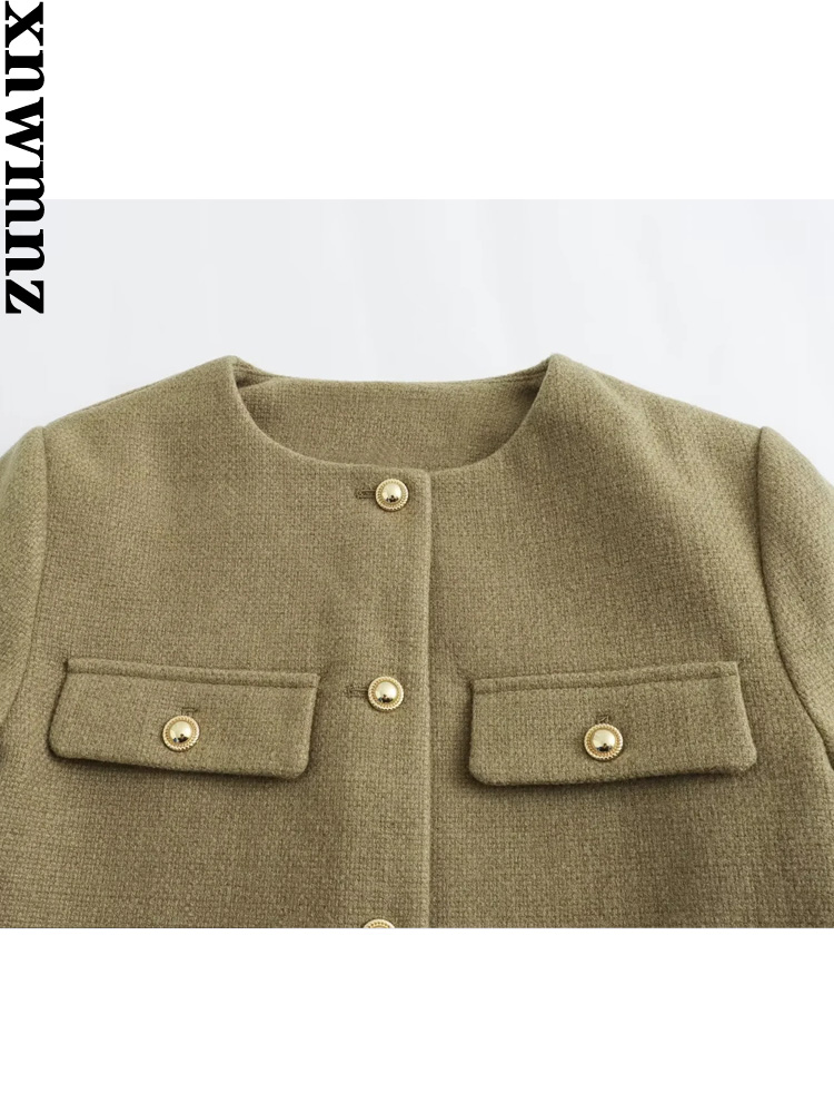 XNWMNZ Women's Fashion 2023 Autumn/Winter Flap Pocket Crop Jacket Women Vintage O Neck Long Sleeve Versatile Female Blazer