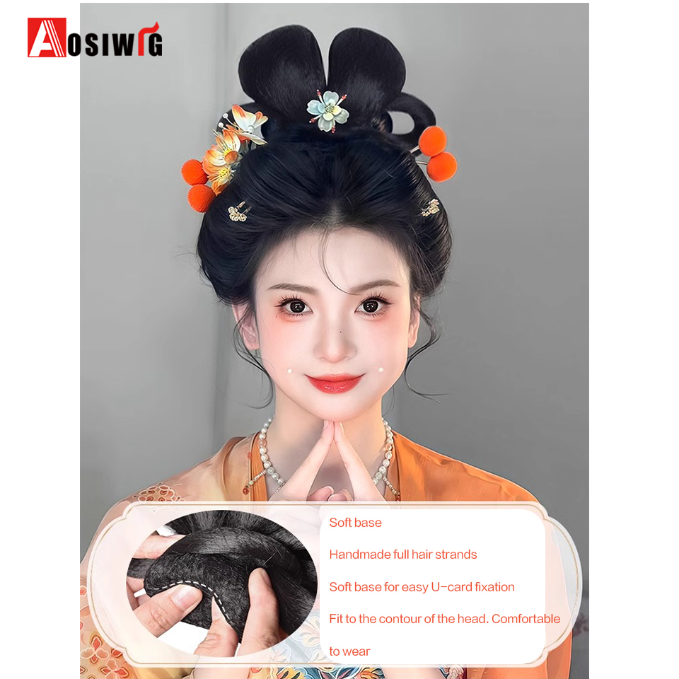 Synthetische Hanfu-Perücke, Kopfbedeckung, weiblich, einteilig, kleiner Taiping-Brötchen, Tang-Stil, altes Kostüm, tägliche Leistung, Styling, Haarkissen