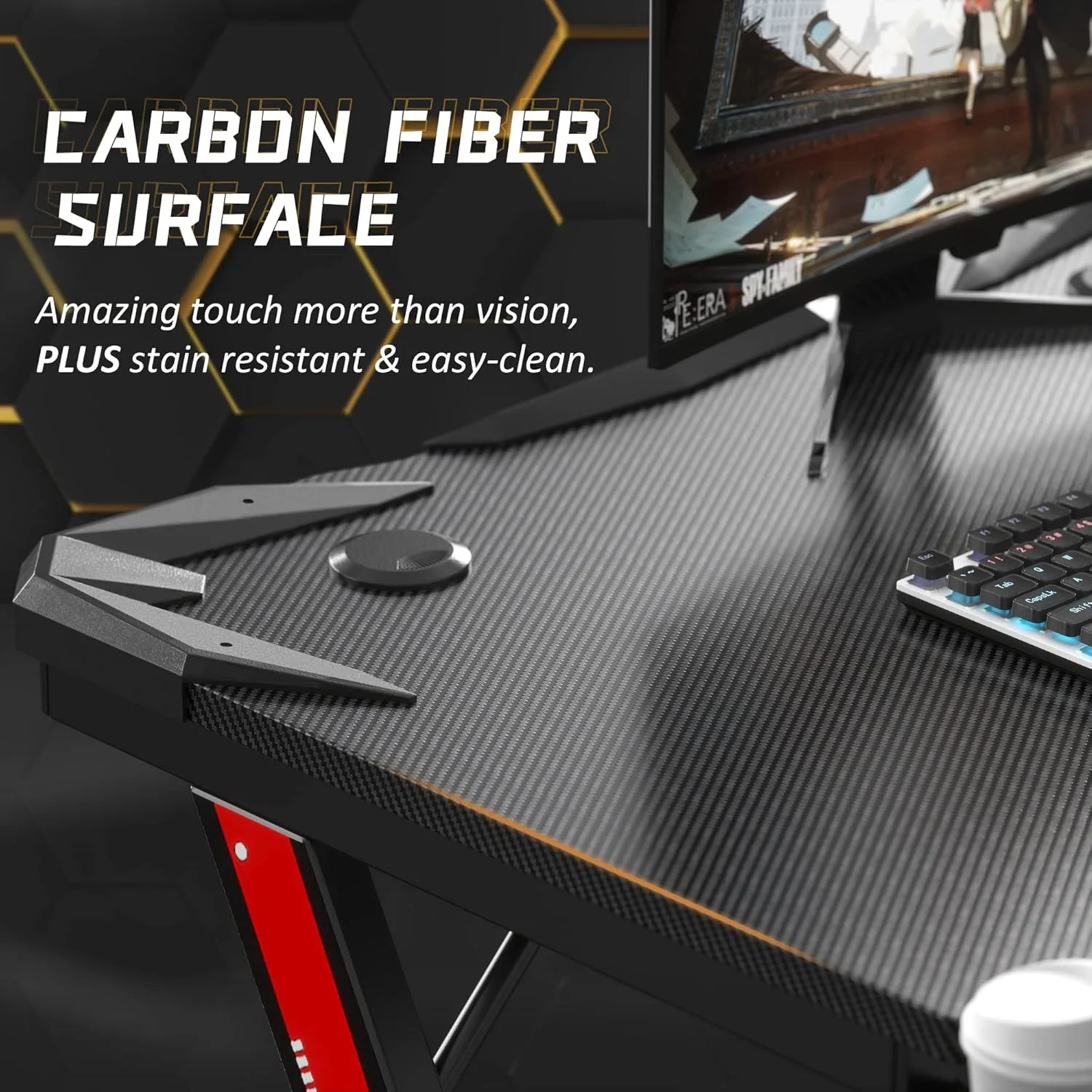 Gaming Computer Desk with Carbon Fiber Surface, Gaming Table Z Shaped Pc Home Office with Cup Holder&Headphone Hook(32 in)
