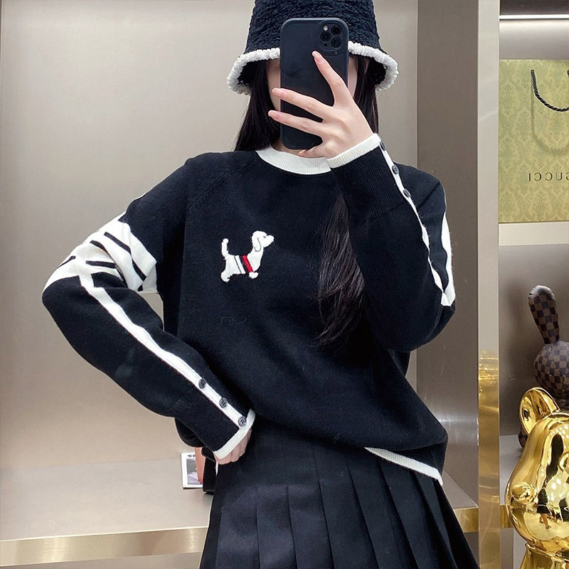 Ropa de mujer, jerséis con cuello redondo que combinan con todo con bordado de cachorros, moda de otoño e invierno, suéteres de punto holgados de manga larga, Tops elegantes y dulces