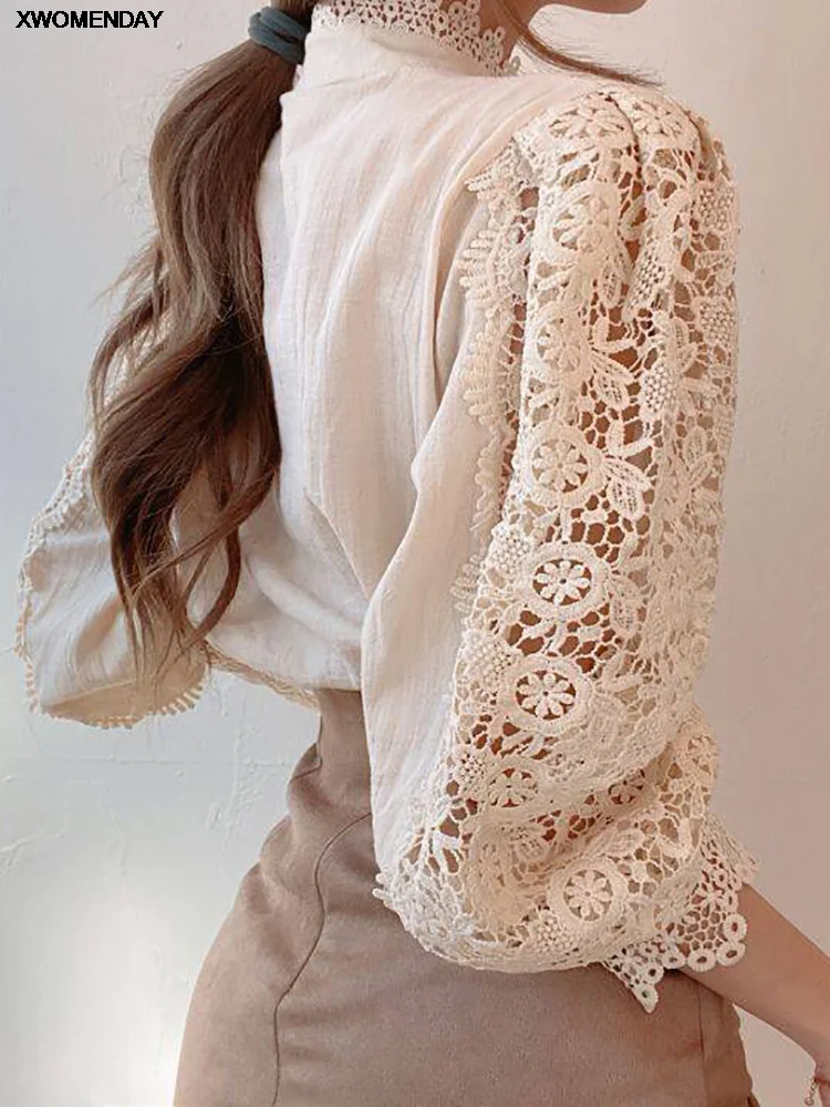 Camisa feminina de chiffon com gola alta chique elegante floral de renda fofa blusa longa de manga comprida oca grande 2024
