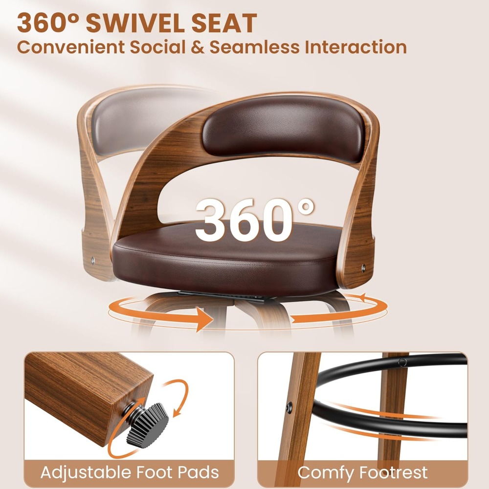 Bar Stools Set of 3, 26" Counter Height Barstools with Bentwood Legs, Swivel Counter Stools with Back, Mid Century Modern Faux L