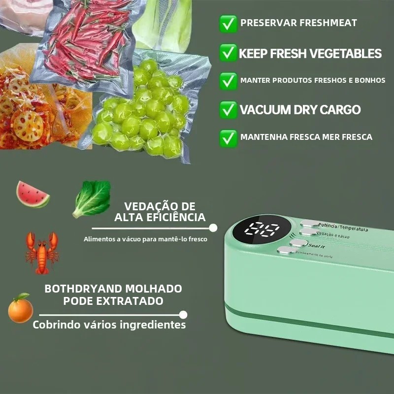 Máquina seladora a vácuo compacta e bem projetada, selos de plástico de qualidade alimentar, sacos de vácuo e sacos de rolo, acessório de cozinha ideal