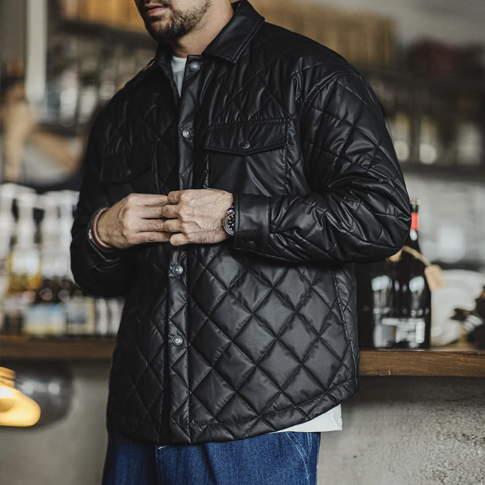 Maden-jaqueta masculina acolchoada com grade de diamante, casaco acolchoado de algodão solto, gola quente, versátil, casacos para outono e inverno