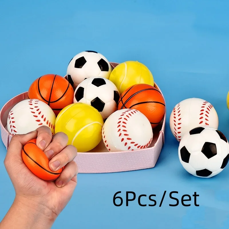 ของเล่นลูกบอลบีบ6ชิ้น/เซ็ตสำหรับเล่นฟุตบอลบาสเก็ตบอลเทนนิสเทนนิสของเล่นนุ่มนิ่ม Relief คลายเครียดแปลกใหม่ของเล่นปิดปาก