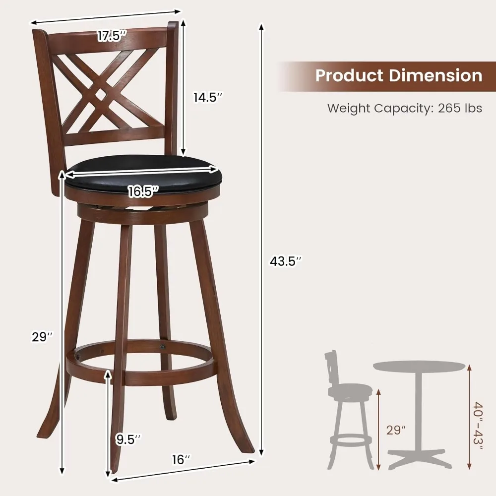 360° Swivel Barstools Set of 2, 29" Bar Height Bar Chairs with Back & Footrest, Upholstered Bar Stools with Rubber Wood Frame