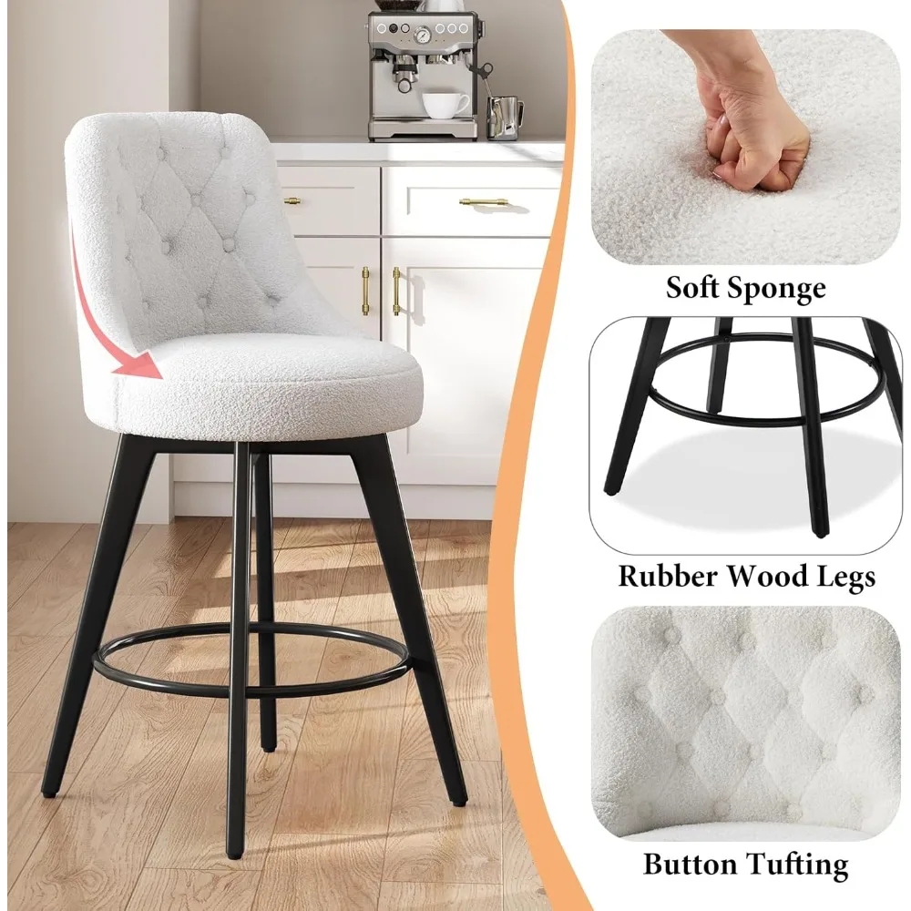Modern Bar Stools Set of 2, Boucle Swivel Counter Height Stools with Back, Upholstered Barstools with Wood Legs, 26" Height Seat