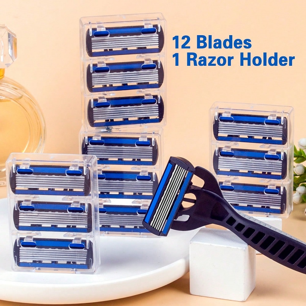 1 mango + 12 cuchillas/maquinilla de afeitar de seguridad Manual para hombres y mujeres, depilación de acero inoxidable de 6 capas, cabezal de afeitadora reemplazable