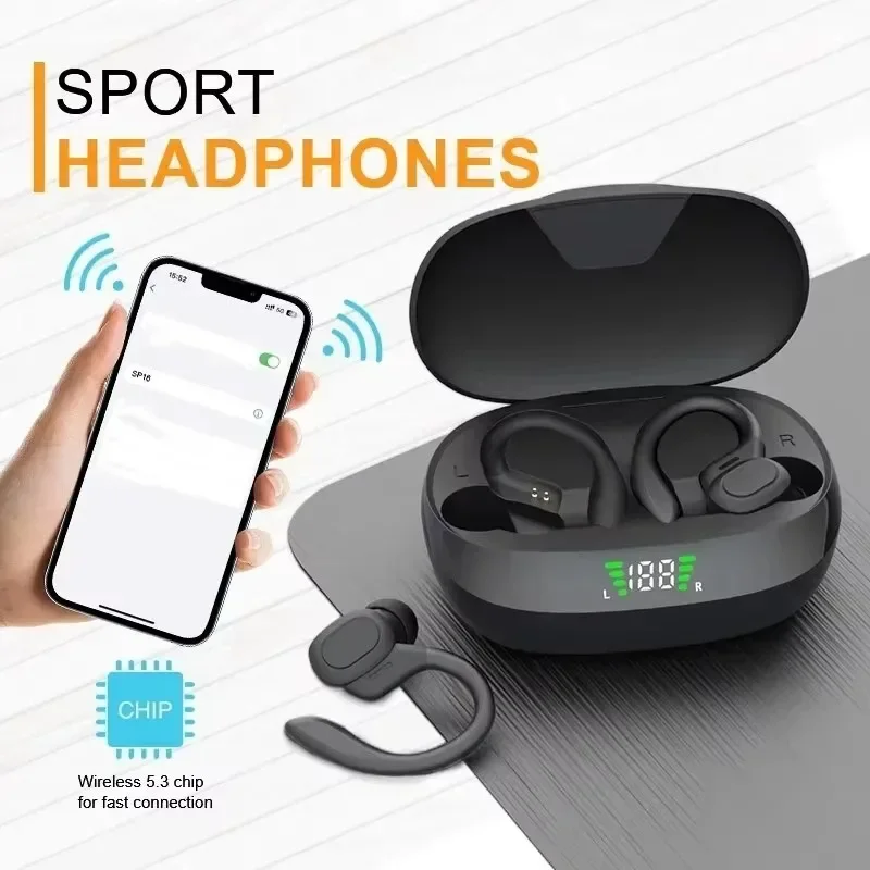 PHONEPACE SP16 oorhangende sport-hardloop Bluetooth-oortelefoon met lange batterijduur Digitaal display Oortelefoon met ruisonderdrukking