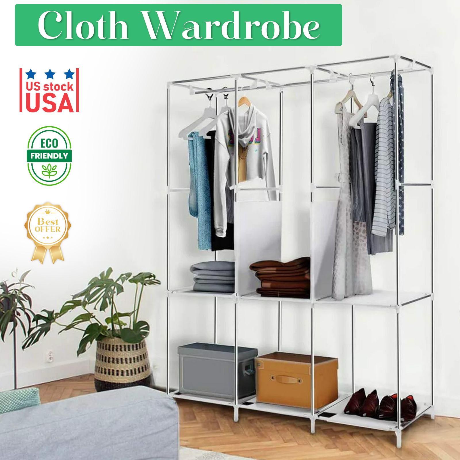 Closet Wardrobe Organizer Storage Rack Portable Clothes Shoe Clothing Shelf Dustproof Non-woven Fabric Quick and Easy to Assembl