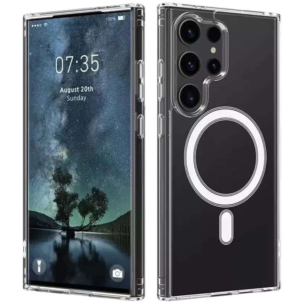 Transparente, klare, magnetische Hülle für Samsung Galaxy S24 S21 S25 S22 Plus S23 Ultra Plus, kabelloses Laden, stoßfeste Rückseite