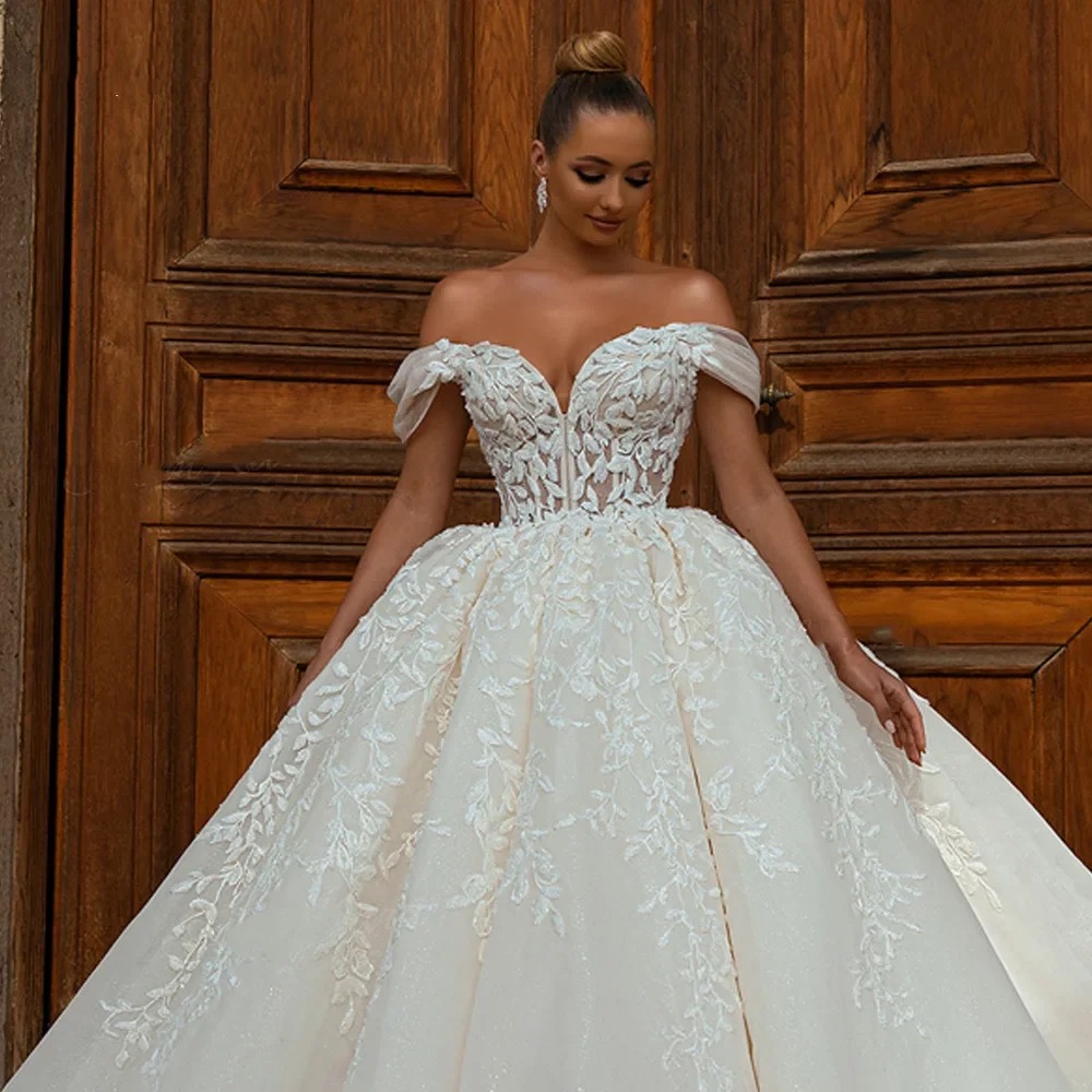 Personalizado de luxo fora do ombro vestidos de casamento para as mulheres chique tribunal trem vestido de noiva princesa plus size novia 2025