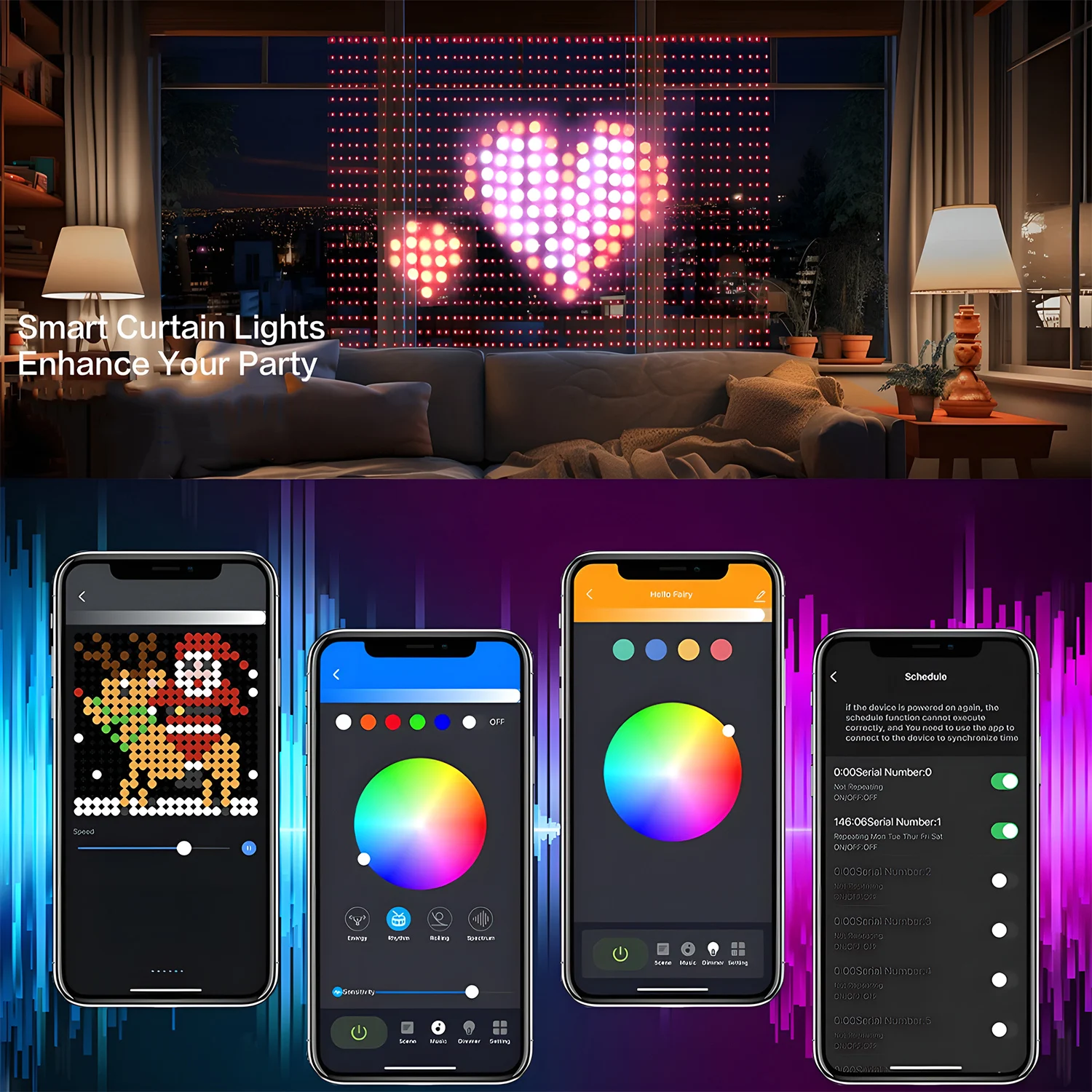 Guirnalda de luces LED de cortina animada para exteriores, iluminación de hadas RGB para visualización de imágenes, con aplicación Bluetooth, bricolaje inteligente, 400