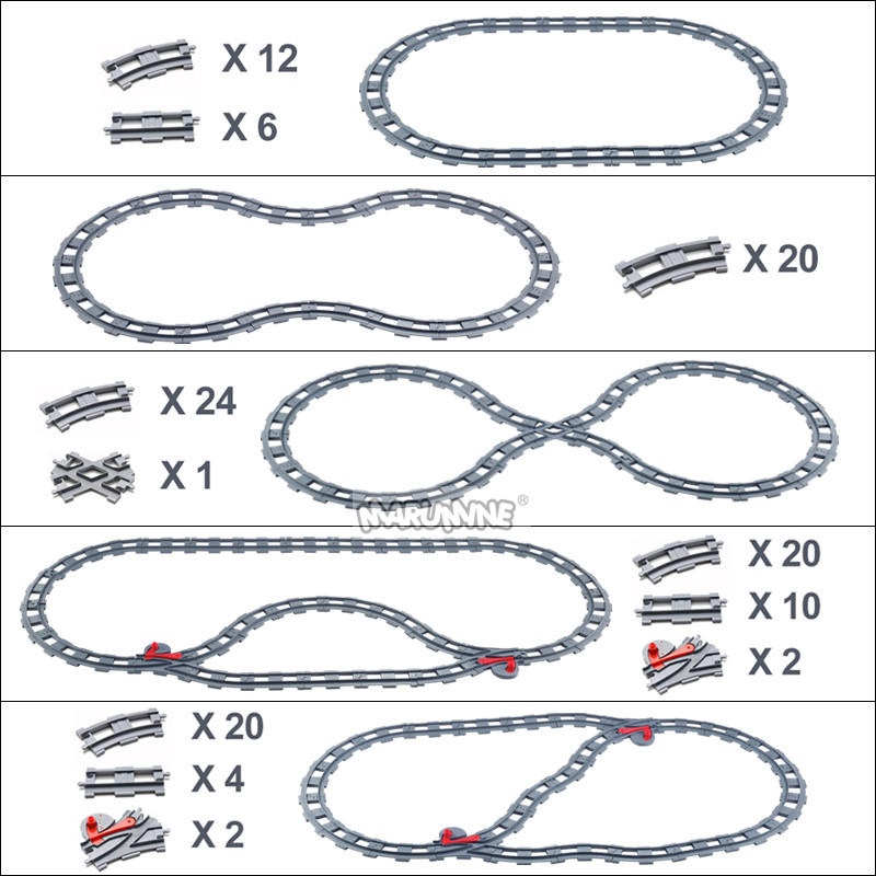 Marumine 8PCS Block Zug Gerade Gebogene Spur Crossover Teile Eisenbahn Schalter Große Größe Gebäude Ziegel City View Zubehör