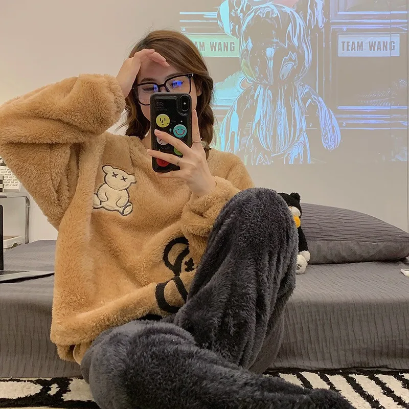 Verdickte warme Flanell-Damen-Nachtwäsche, Homewear für den Winter, O-Ausschnitt, Tops und Hosen, Nachtwäsche, Loungewear, zweiteiliges Set, Pyjamas