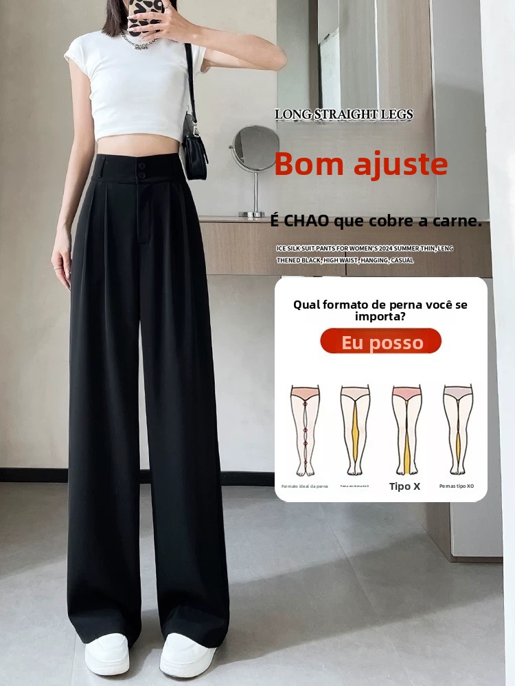 Calças de Terno Fenas Slim Fit de Perna Reta, Finas e Pretas para o Verão, Tamanho Pequ, com Cintura Larga e Perna Lar...