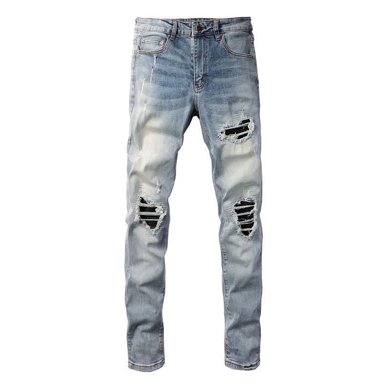 Männer Leder Patches Denim Jeans Streetwear Löcher Zerrissene High Stretch Hosen Hellblau Skinny Tapered Hosen