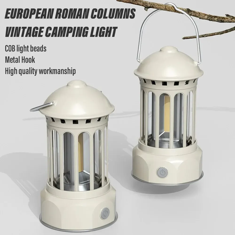 Europäische römische Säule Vintage Camping Laterne Taschenlampe wiederaufladbare Lampe mit Haken warmweißes Licht für Camping, Erkunden