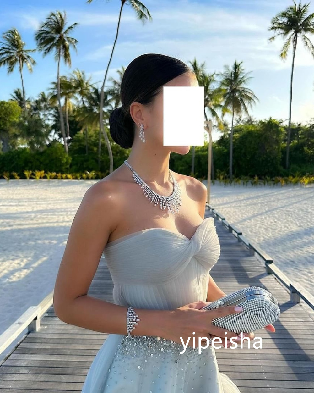 ที่กําหนดเองคุณภาพสูงTulleจีบA-Line Sweetheartชุดยาวชุดราตรีคลาสสิกประณีตสไตล์โมเดิร์นPastrol Unisex Ca