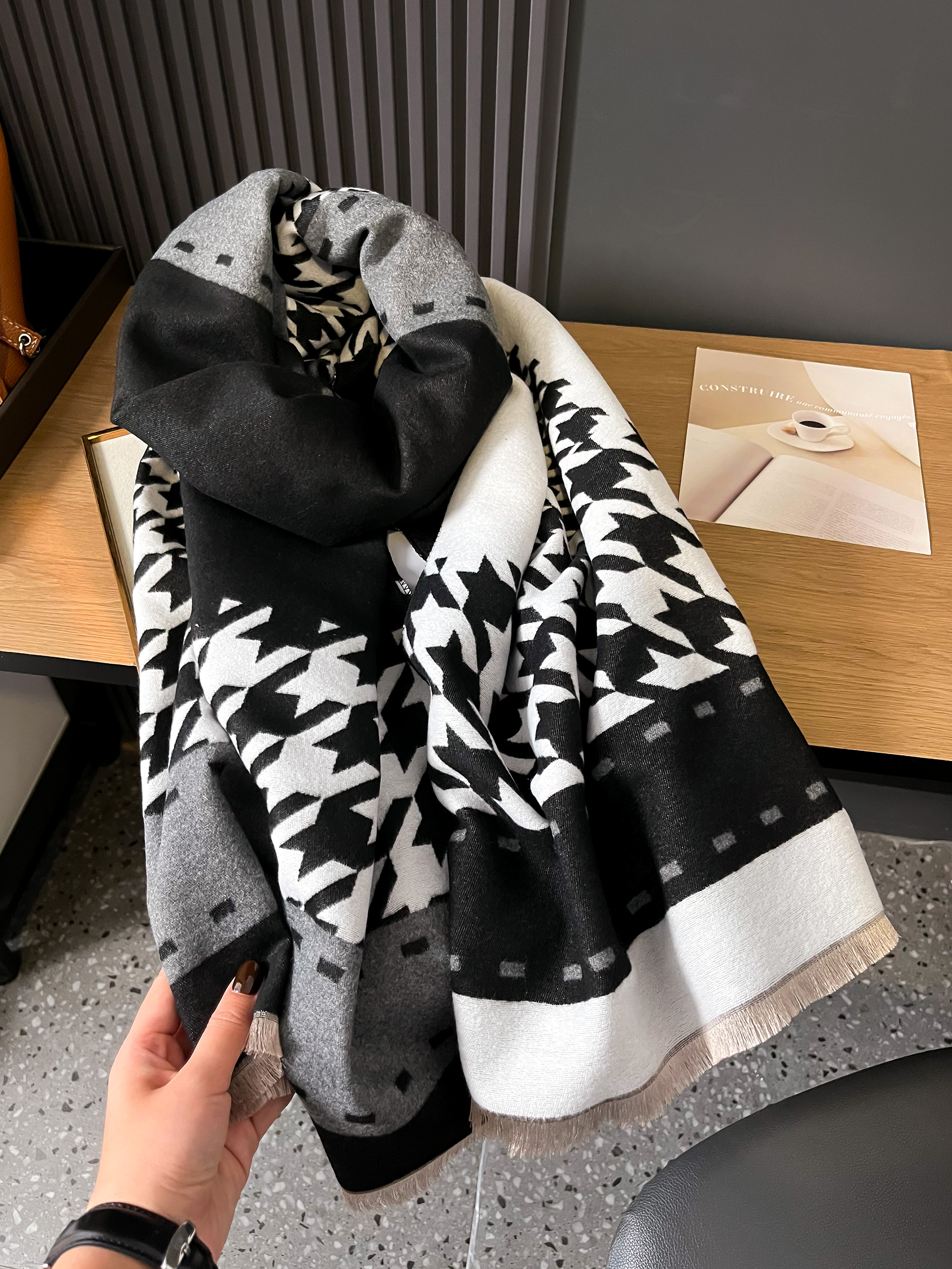 Sacarf de caxemira de luxo para mulheres houndstooth grosso cobertor de inverno com borla grande xale e envoltório bufanda mantilla quente
