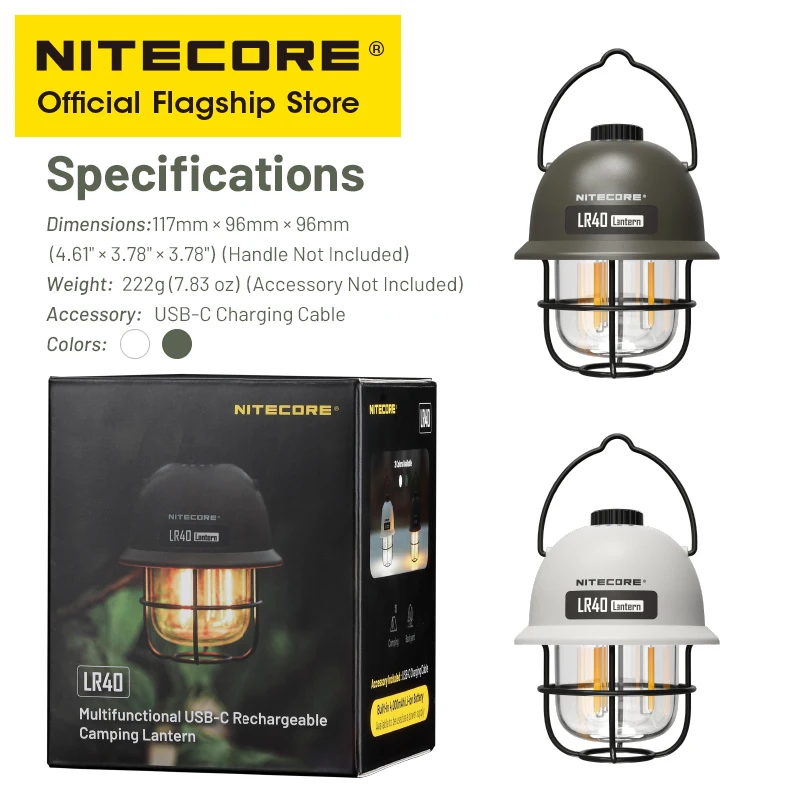 NITECORE 2 Trong 1 LR40 Cắm Trại Power Bank 100 Lumen 3 Nguồn Sáng Đèn LED Di Động USB-C Sạc lều Cắm Trại Lồng Đèn