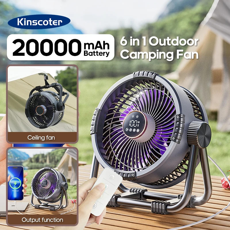 KINSCOTER-ventilador de Camping portátil 6 en 1, circulador de aire de escritorio multifuncional para exteriores, inalámbrico, para techo, con gancho y luz, 20000mAh