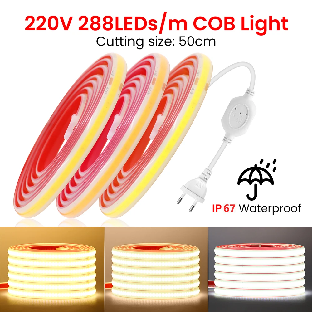 COB LED Strip Light Dimmer Switch EU UK Power Kit 220V 230V 3000K 4000K 6000K 288LED Bright Flex Tape Waterproof Linear Lighting