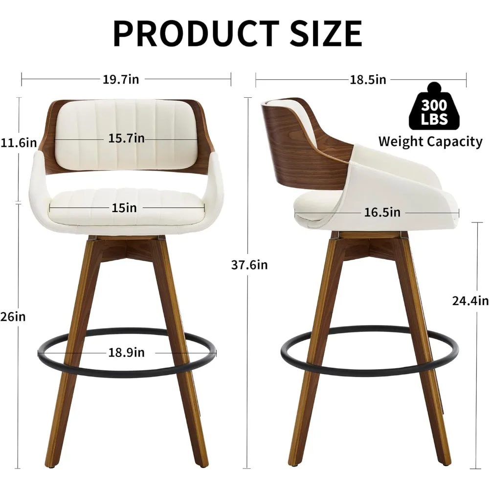 Swivel Bar Stools Set of 2, Walnut Counter Height Bar Stools with Back and Arms, 26" Modern Faux Leather Upholstered Bar Chairs
