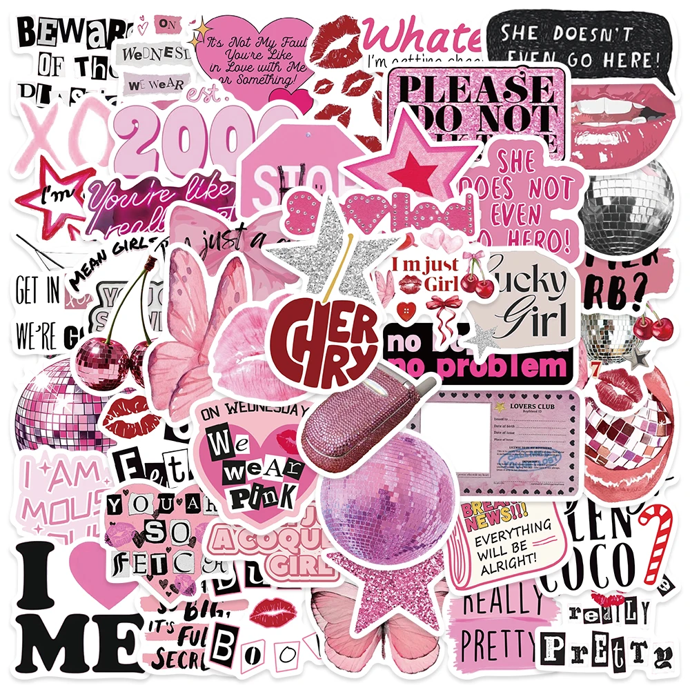 50pcs Romance Aesthetic Retro 90s 00s Pink Y2K Girls Stickers For Luggage Guitar Laptop Phone Diary Waterproof Vinyl Decals