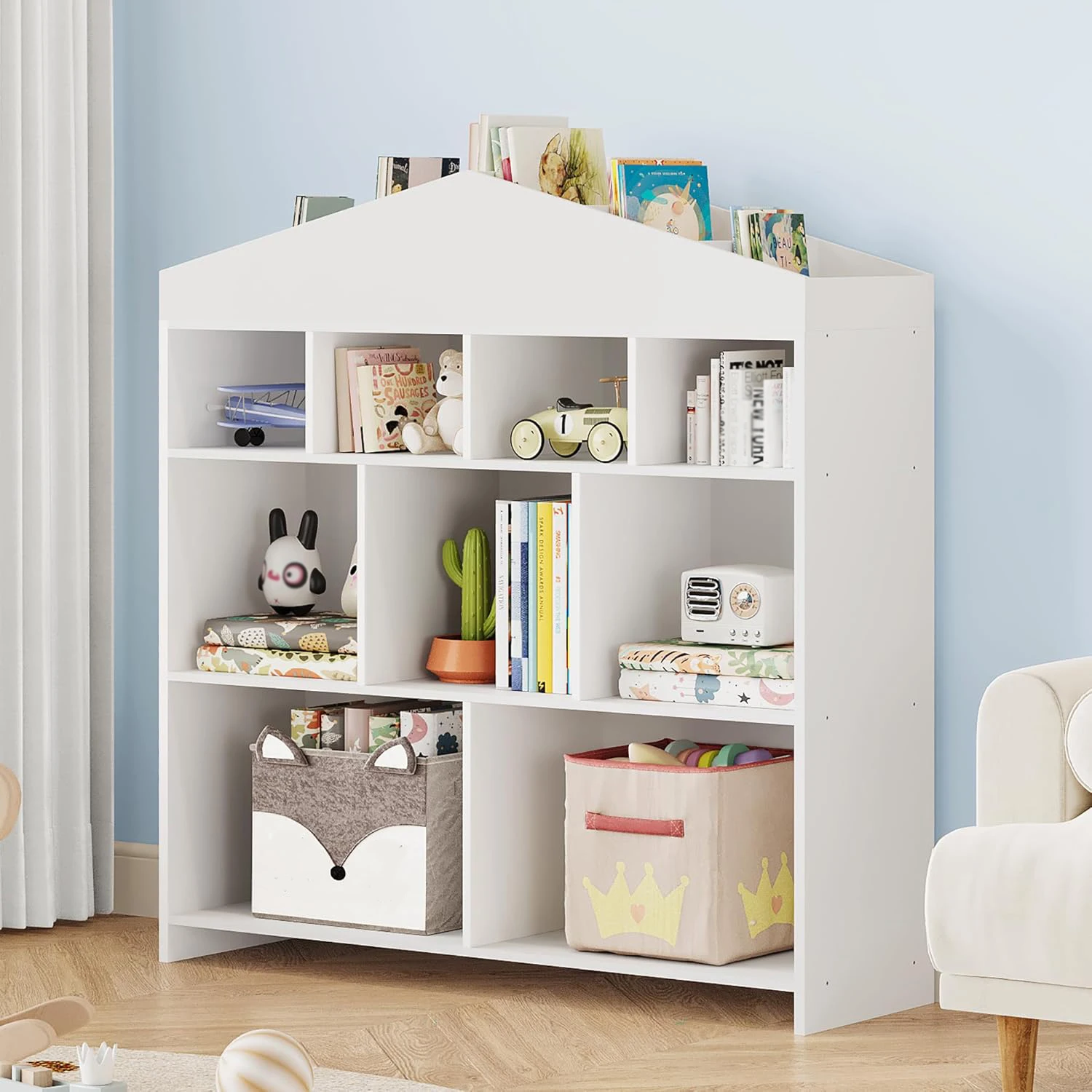 Scaffale per bambini a 9 coperti Libreria in legno Scaffale per armadietto per casetta da gioco per bambini per ragazzi e ragazze Organizzatore di stoccaggio di giocattoli per sala giochi