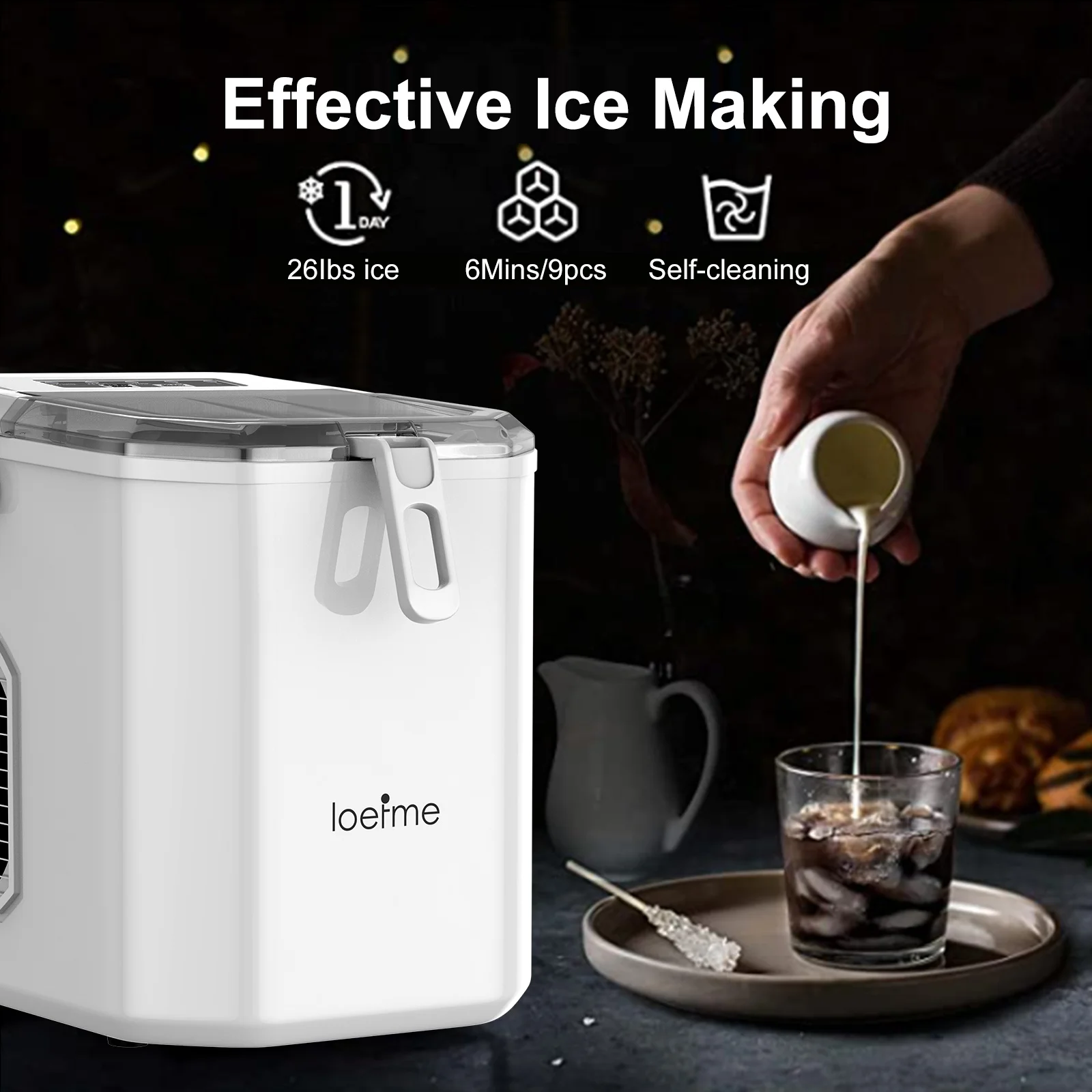 Loefme Ice Maker Cubes Machine Small Automatic Cleaning Bullet Shaped Ice Makers Fast Ice Making For Households Caffee Camping