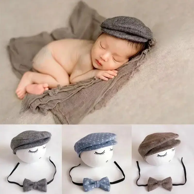 Accesorios para fotos de recién nacidos, boina para bebés, conjunto de sombrero + pajarita, accesorios de fotografía para recién nacidos, gorro de caballero, traje para fotografía
