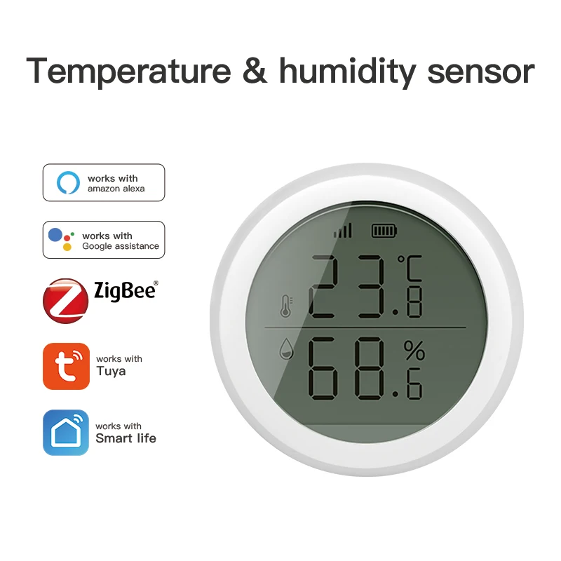 Tuya zigbee inteligente sensor de temperatura e umidade casa termômetro interno com display lcd google casa alexa eco controle voz
