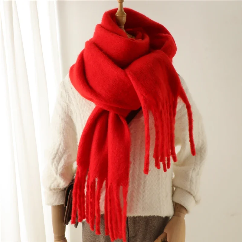 Winter Sjaal voor Vrouwen Kasjmier Warm Effen Pashmina Deken Wraps Vrouwelijke Dikke Zachte Bufanda Grote Kwastje Sjaal Lange Poncho Echarpe