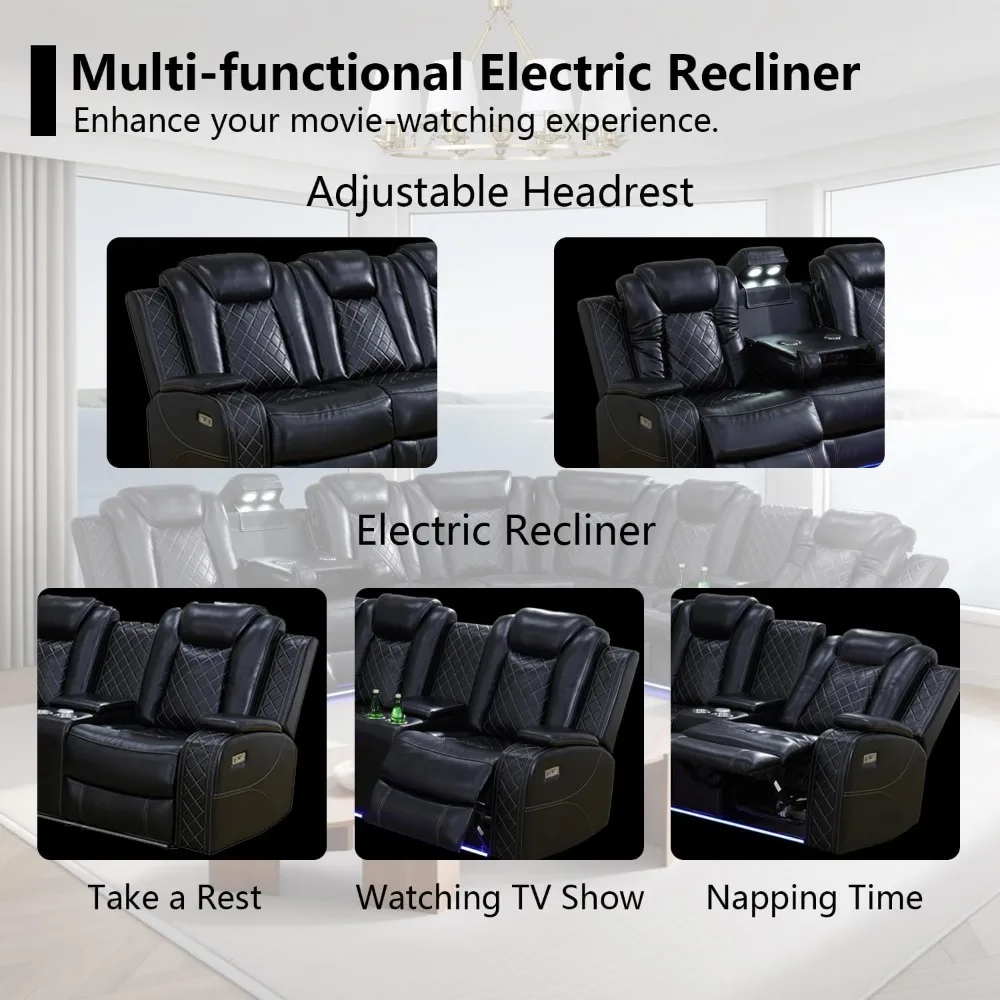 recliner.Black Leather Power Reclining Sectional Sofa，Sectional Couch with Recliner Living Room Set with LED Light/Read