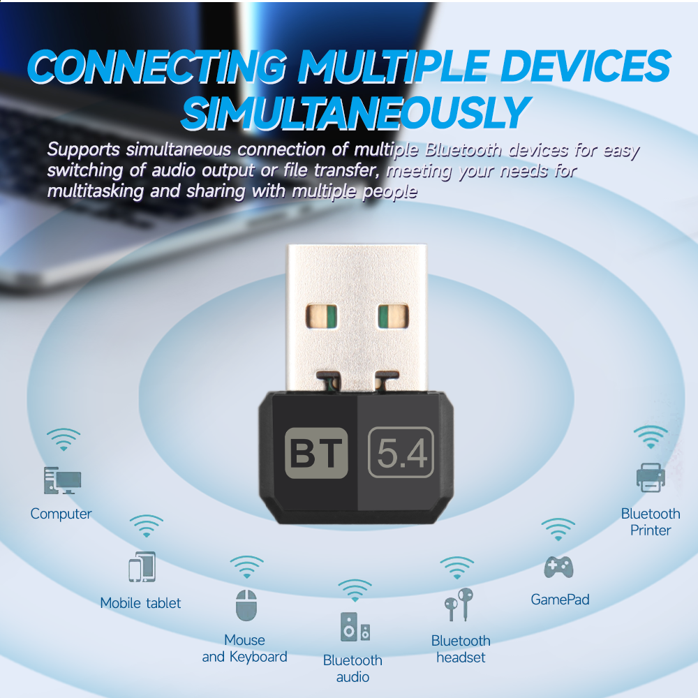 Usb bluetooth 5.4 5.3 dongle adaptador para pc alto-falante sem fio mouse teclado música receptor de áudio transmissor unidade livre