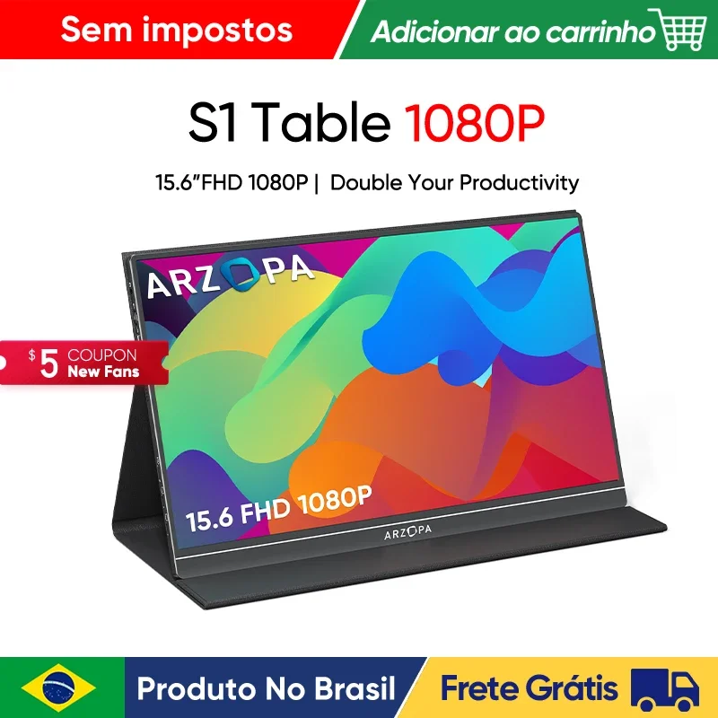 [produto no brasil]ARZOPA 15,6 polegadas Monitor portátil 1080P FHD, tela IPS 16:9, corpo de metal, com capa de couro, mini HDMI tipo C, alto-falantes, para Mac /Laptop/PC/Phone/Xbox/Switch/PS, segunda tela externa, S1