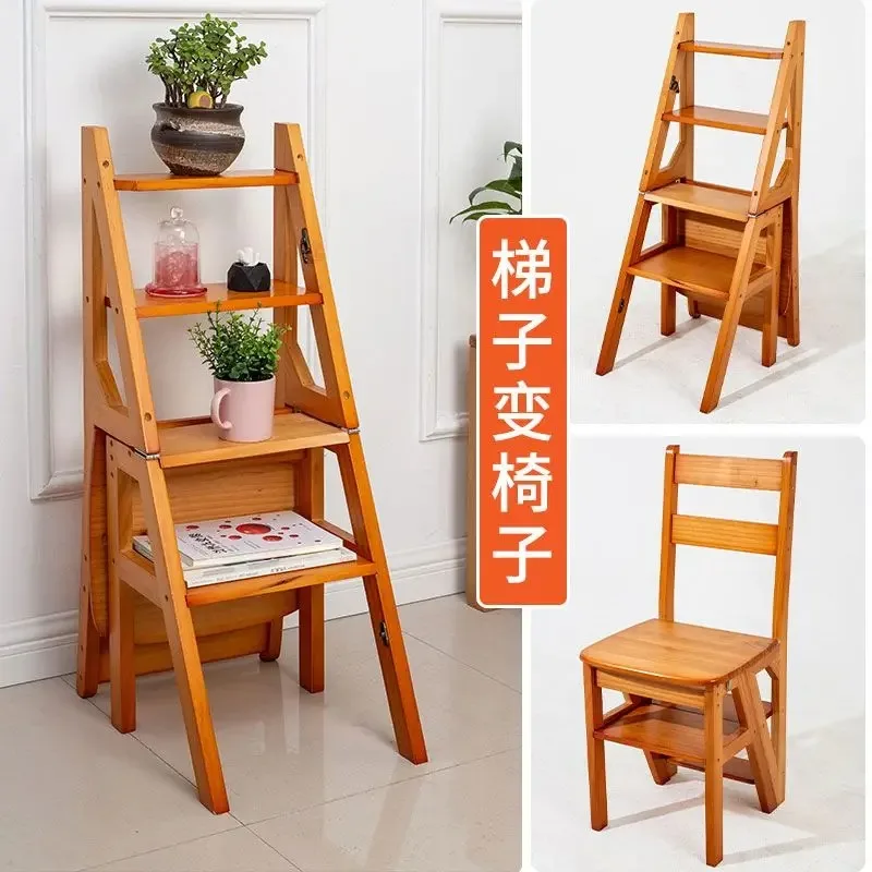 Escaleras de madera maciza, silla con escalera plegable para el hogar, taburetes de espiga con Pedal de escalada de gran altitud para interiores de doble propósito
