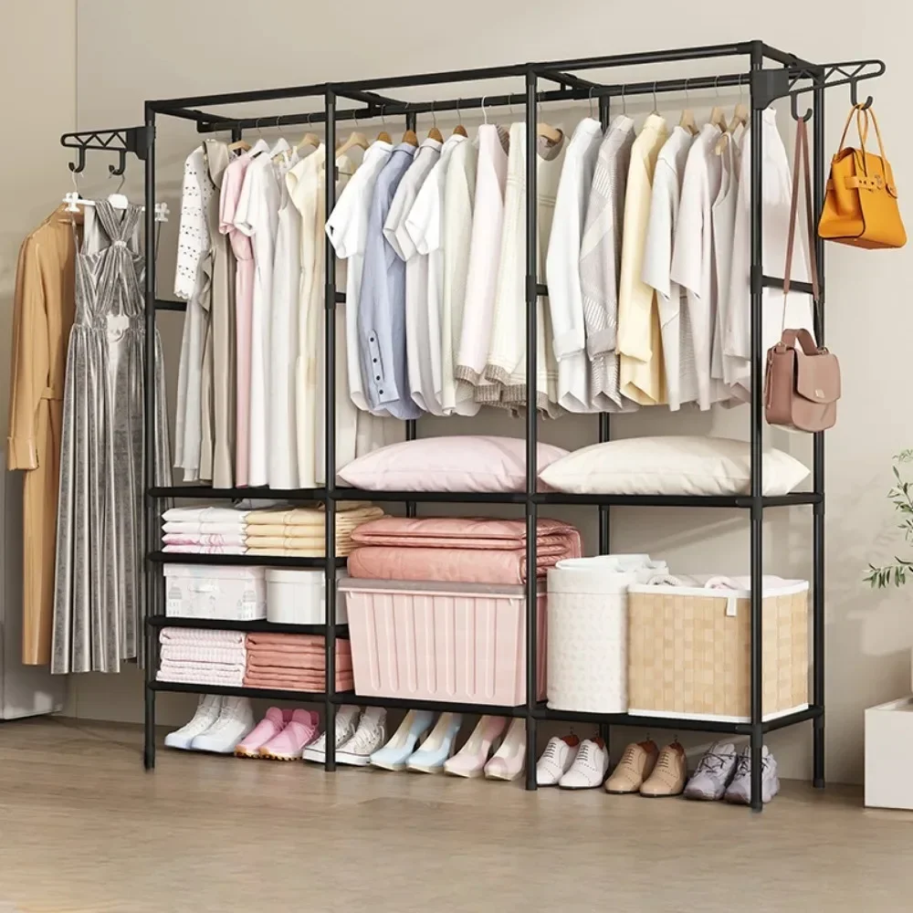 Floor Clothes Rack Double/Three Row Hangers Shoe Storage Rack With Hanging Hooks Rods For Coat And Shoe Household Clothes Hanger