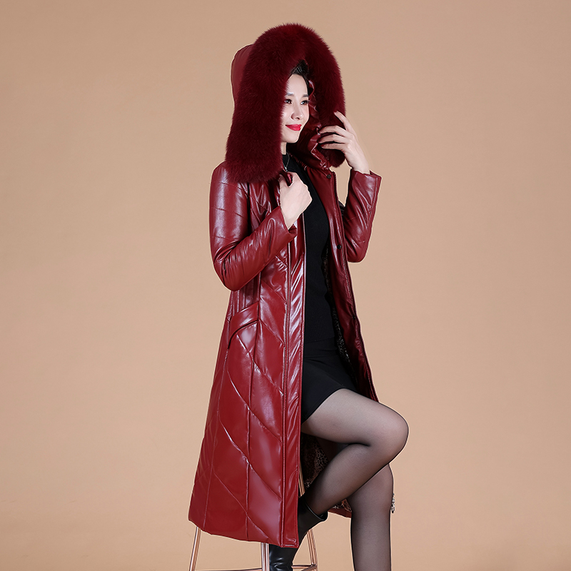 L-8XL Mutter Daunenmantel Lederjacke Frauen Winter Mode Warm andicken Mit Kapuze Abnehmbar Kragen aus Kunstpelz Gespaltenes Schaffell Mantel Schlank Lang Oberbekleidung Weiblich