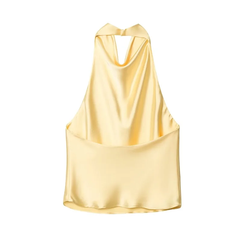 MUJER 2025 Halter Topsผู้หญิงซาตินสีดําBackless Topหญิงสีชมพูฤดูร้อนBeach Topผู้หญิงปิดไหล่Camisole Topผู้หญิง